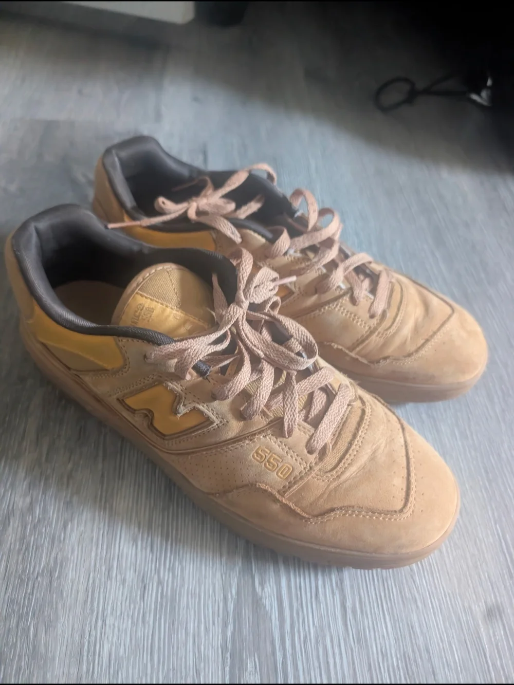 New Balance Men's 550 Suede Sneakers in Tan with Yellow Accent